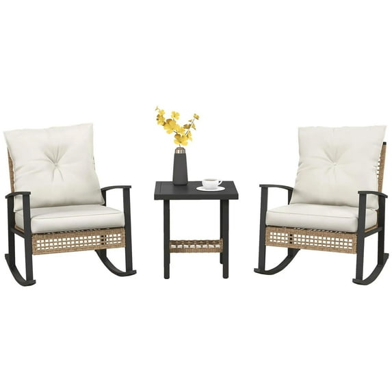 Resenkos 3-Piece Patio Furniture Set,Button Tufted Cushions, Rattan Rocking Chairs, Coffee Table, White