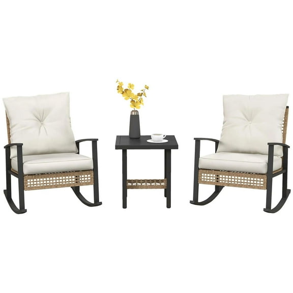 Resenkos 3-Piece Patio Furniture Set,Button Tufted Cushions, Rattan Rocking Chairs, Coffee Table, White