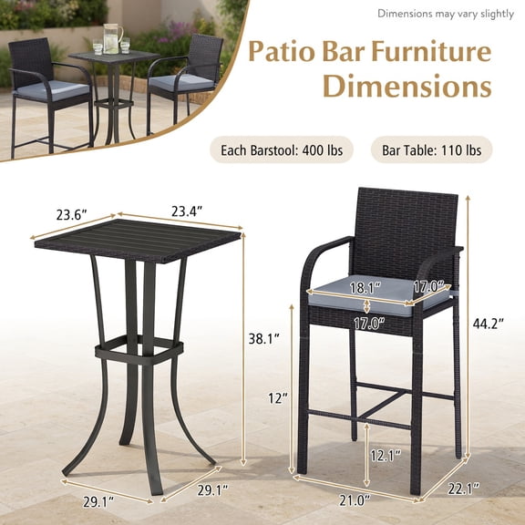 Resenkos 3-Piece Patio Wicker Rattan Bar Height Chairs and Square Table Set-Black