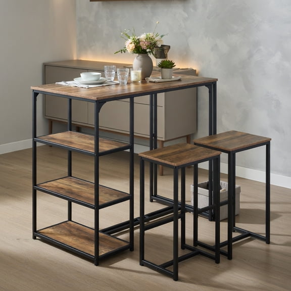 Resenkos 3-Piece Rustic Brown Bar Table Set – 44" Pub Dining Table with 2 Stools, Metal Frame & MDF Top, Space-Saving Breakfast Bar for Small Kitchens and Apartments