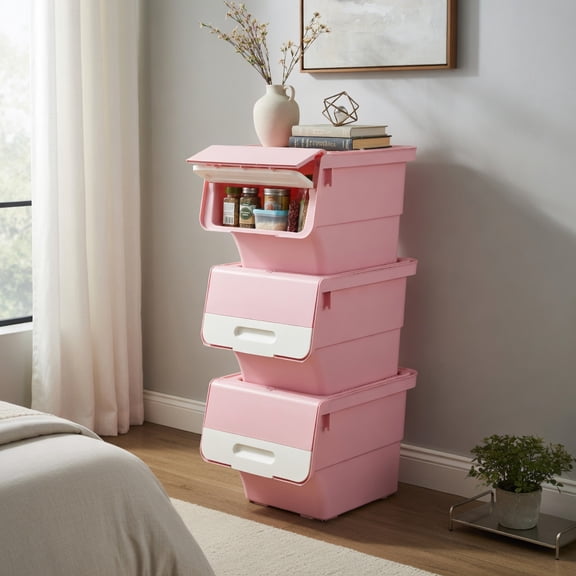 Resenkos 3-Piece Small Storage Bin with Wheels, Stackable Plastic Box with Stay-Open Lid for Home Organization, Pink