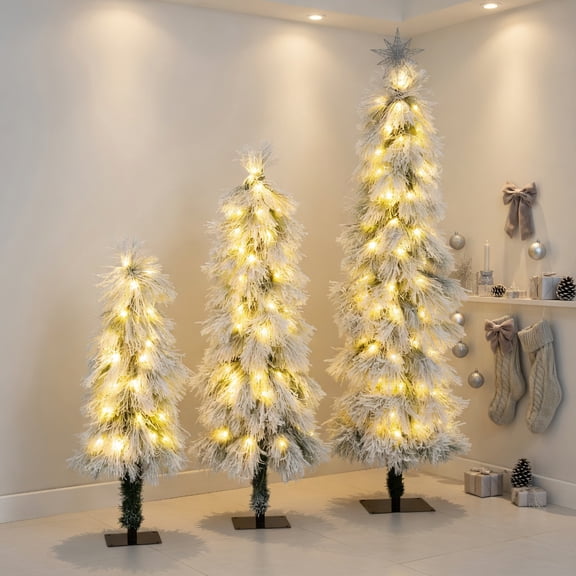 Resenkos 3-Piece Snow Flocked Artificial Christmas Tree Set - LED Lights, Green/White