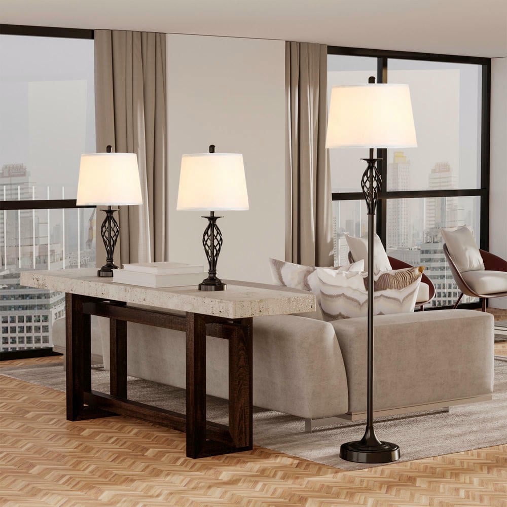 Resenkos 3-Piece Table & Floor Lamp Set - Metal Pole, Round Base, Fabric Lampshade for Living Room, White