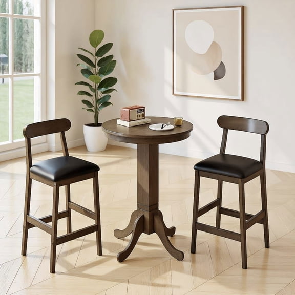 Resenkos 3-Piece Wood Bar Table Set, Round Pub Table with Pedestal Base Armless Stool for 2 People, Oak Gray and Black
