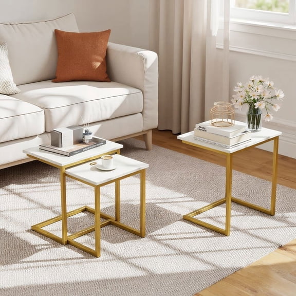 Resenkos 3 Pieces Multifunctional Coffee End Table Set, Stackable C-Shaped Side Tables for Living Room Bedroom, White
