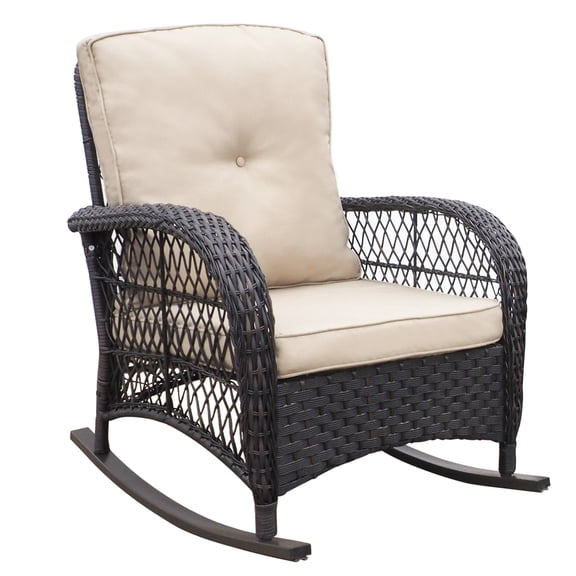 Resenkos 3 Pieces Outdoor Patio Set, Outdoor Wicker Rocker Patio Bistro Set, Rocking Chair with Glass Top Side Table for Outside Patio, All Weather, Porch, Garden, Poolside