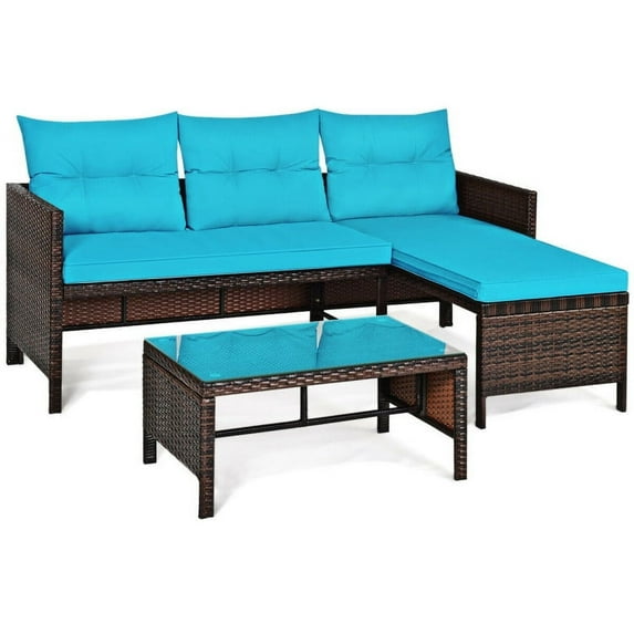 Resenkos 3 Pieces Outdoor Sectional Sofa, Outdoor Wicker Patio Furniture, All-Weather Rattan Wicker Sofa Small Patio Conversation Couch with Washable Cushion and Table, Turquoise