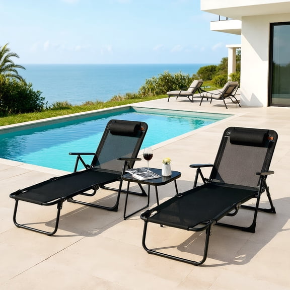 Resenkos 3 Pieces Patio Folding Chaise Lounge Set, Small Patio Conversation Furniture Set with PVC Tabletop-Black