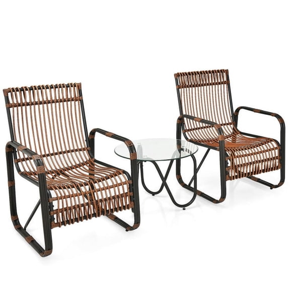 Resenkos 3 Pieces Patio Rattan Furniture Set, Outdoor Furniture Garden Conversation Bistro Sets with 2 Single Wicker Chairs and Glass Side Table