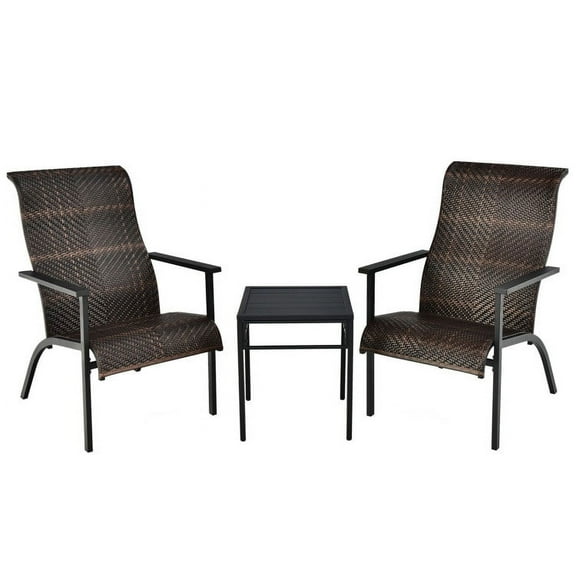 Resenkos 3 Pieces Patio Rattan Rocking Furniture Set, Small Patio Conversation Furniture Set with High Backrest and Armrest-Brown