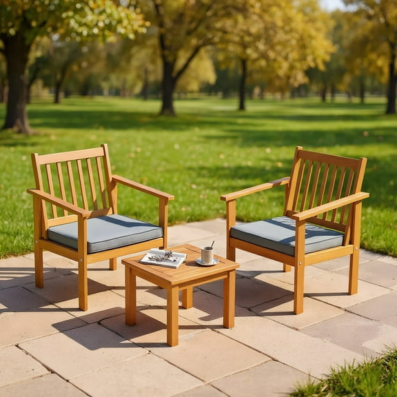 Resenkos 3 Pieces Patio Wood Furniture Set Acacia Wood Sofa Set, Small Patio Conversation Furniture Set with soft Cushions for Porch-Gray