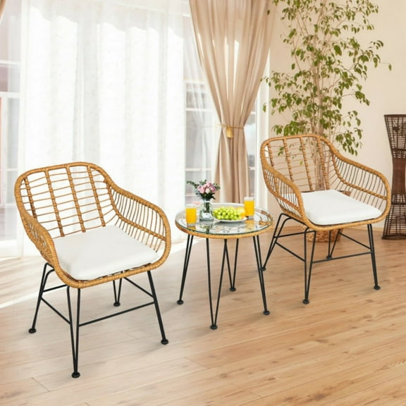 Resenkos 3 Pieces Rattan Furniture Set with Cushioned Chair Table, Rattan+Metal, White