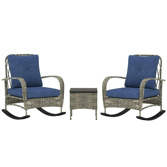 Resenkos 3 Pieces Wicker Patio Furniture Set, A Square Garden Table And Two Rocking Chairs, Gray