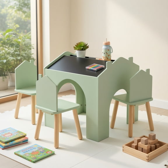 Resenkos 3 Pieces Wooden Kids Table and Chair Set-Green, Small Folding Table for Arts & Crafts, Snack Time, Homeschooling, Homework