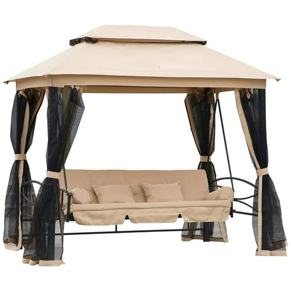 Resenkos 3-Seat Swing Set, Outdoor Gazebo With Double Canopy, Mesh Walls, Comfortable Seat & Pillows, Beige