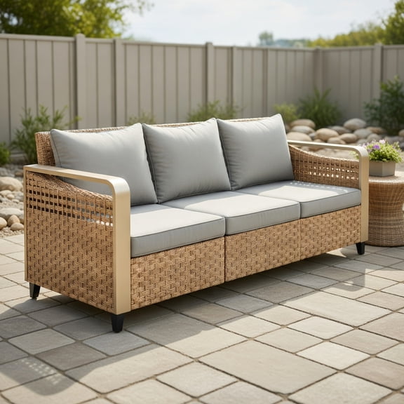 Resenkos 3-Seater All-Weather PE Rattan Outdoor Sofa Set with Thick Cushions – Gray & Brown Wicker Patio Sofa for Backyard, Porch, Poolside (76.4" W x 25" D x 30.7" H)