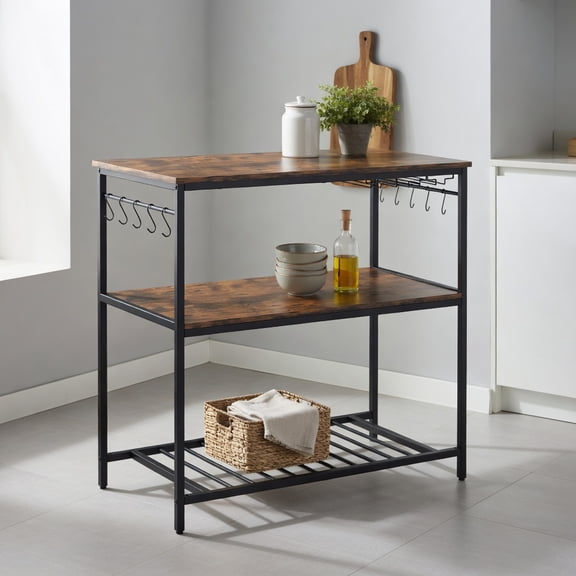 Resenkos 3 Shelves Kitchen Island Industrial Prep Table with Bottom Wine Rack-Rustic Brown, Storage Rack Microwave Oven Stand for Spices, Pots, and Pans