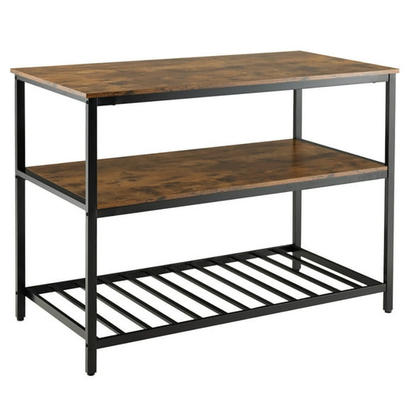 Resenkos 3 Shelves Kitchen Island Industrial Prep Table with Bottom Wine Rack-Rustic Brown, Storage Rack Microwave Oven Stand for Spices, Pots, and Pans