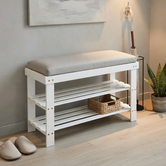 White R Entry Resenkos 3-Tier Bamboo Shoe Bench Holds up to 6 Pairs for Entry-White ...