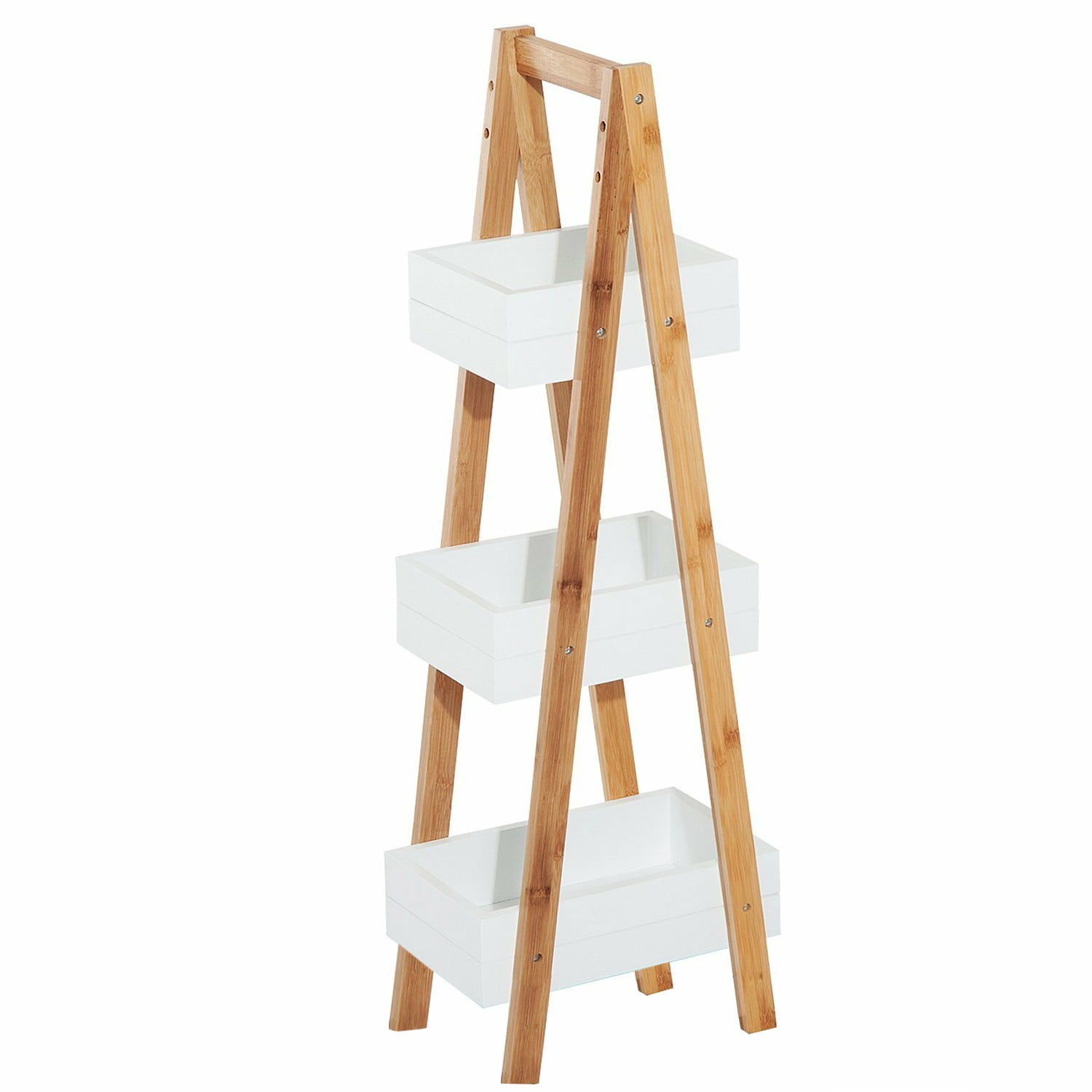 Resenkos 3-Tier Bamboo Storage Basket Shelf Stand with Wooden Decorative Bins for Organizing Bathroom Laundry Bedroom, White