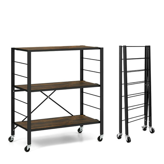 Resenkos 3-Tier Foldable Shelving Unit with Detachable Wheels and Adjustable Shelves-Black, Tower Rack Serving Trolley for Office Bathroom Kitchen Kids Room Laundry Room