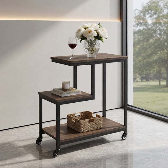 Resenkos 3-Tier G-Shaped Rolling Side Table with Open Shelves, Gray Finish