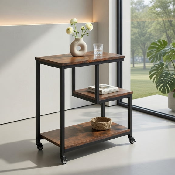 Resenkos 3-Tier G-Shaped Rolling Side Table with Open Shelves, Rustic Brown