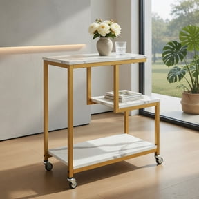 Resenkos 3-Tier G-Shaped Rolling Side Table with Open Shelves, White Finish