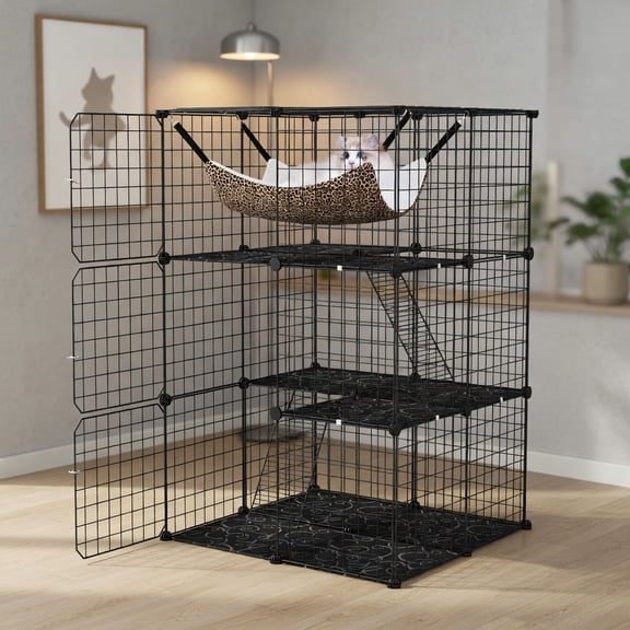 Resenkos 3-Tier Indoor Cat Cage Enclosure with Locking Doors & Skylight  Black Metal & PP Pet Playpen for Cats, Rabbits, Ferrets  Anti-Tip, Modular, Ventilated