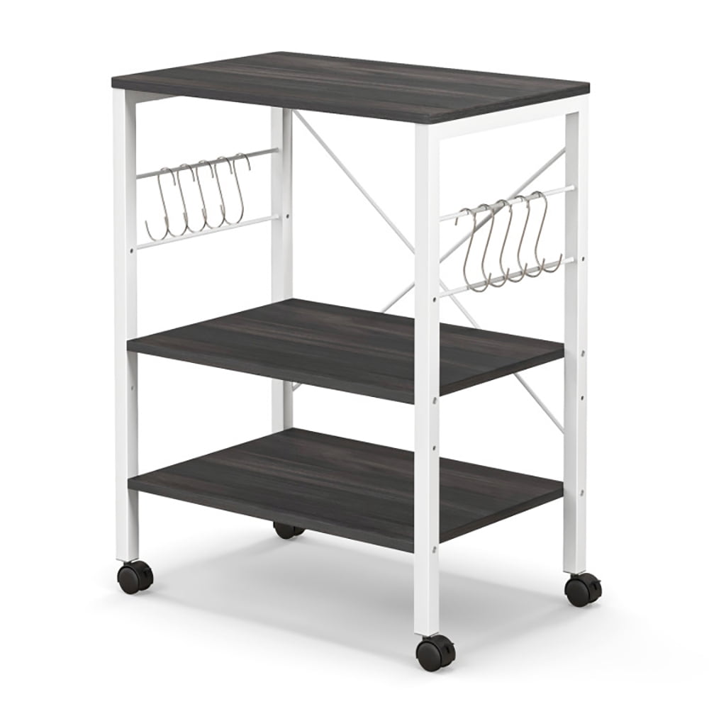 Resenkos 3-Tier Kitchen Baker's Rack Microwave Oven Storage Cart with Hooks-Deep Brown, Storage Rack Microwave Oven Stand for Spices, Pots, and Pans