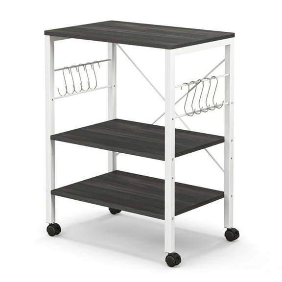Resenkos 3-Tier Kitchen Baker's Rack Microwave Oven Storage Cart with Hooks-Deep Brown, Storage Rack Microwave Oven Stand for Spices, Pots, and Pans