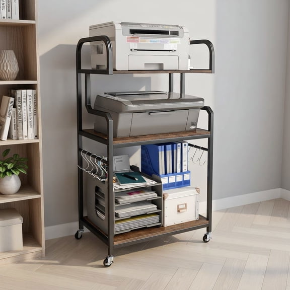 Resenkos 3-Tier Mobile Printer Stand with Storage Shelves, Large Rolling Cart for Home, Office, Rustic Brown