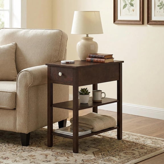 Resenkos 3-Tier Narrow End Table with Drawer & Open Storage Shelves, Space-Saving Side Table for Living Room & Small Spaces, Walnut Finish