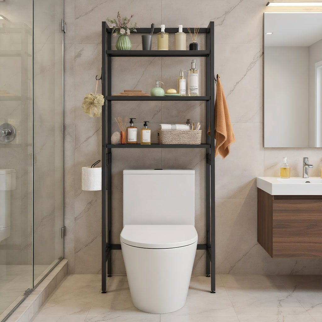 Resenkos 3-Tier Over The Toilet Storage Shelf with Adjustable Bottom Bar-Black, Bathroom Cabinet Organizer