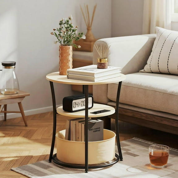 Resenkos 3-Tier Round End Table with Charging Station, Fabric Storage Bag, Adjustable Foot Pads, Assembly Required, Natural Wood