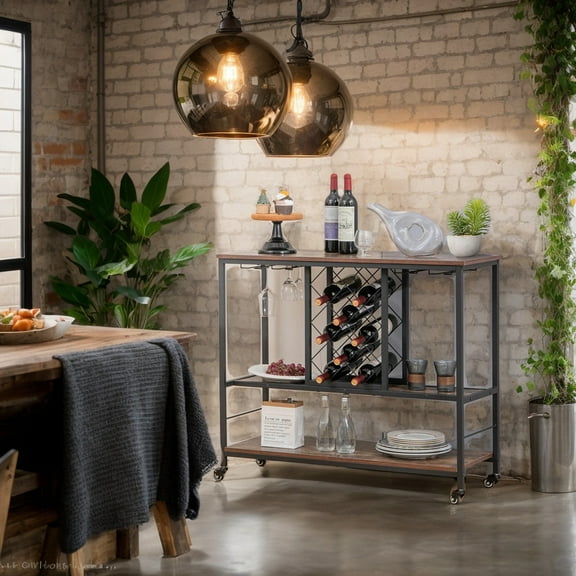 Resenkos 3-Tier Wine Bar Cabinet wit 8 Bottles Rack and 12 Glasses Hanger-Rustic Brown, Storage Rack Microwave Oven Stand for Spices, Pots, and Pans