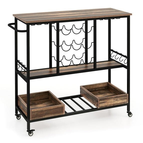 Resenkos 3 Tiers Bar Cart on Wheels with Glass Racks-Brown, Storage Rack Microwave Oven Stand for Spices, Pots, and Pans