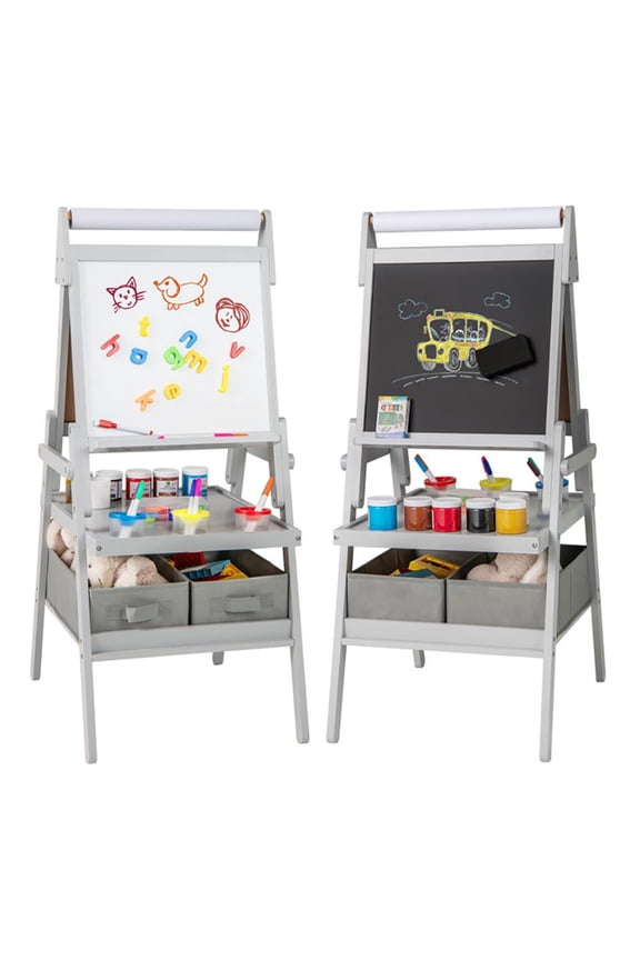 3-in-1 Art Easel for Kids with Magnetic Chalkboard and Whiteboard-Gray