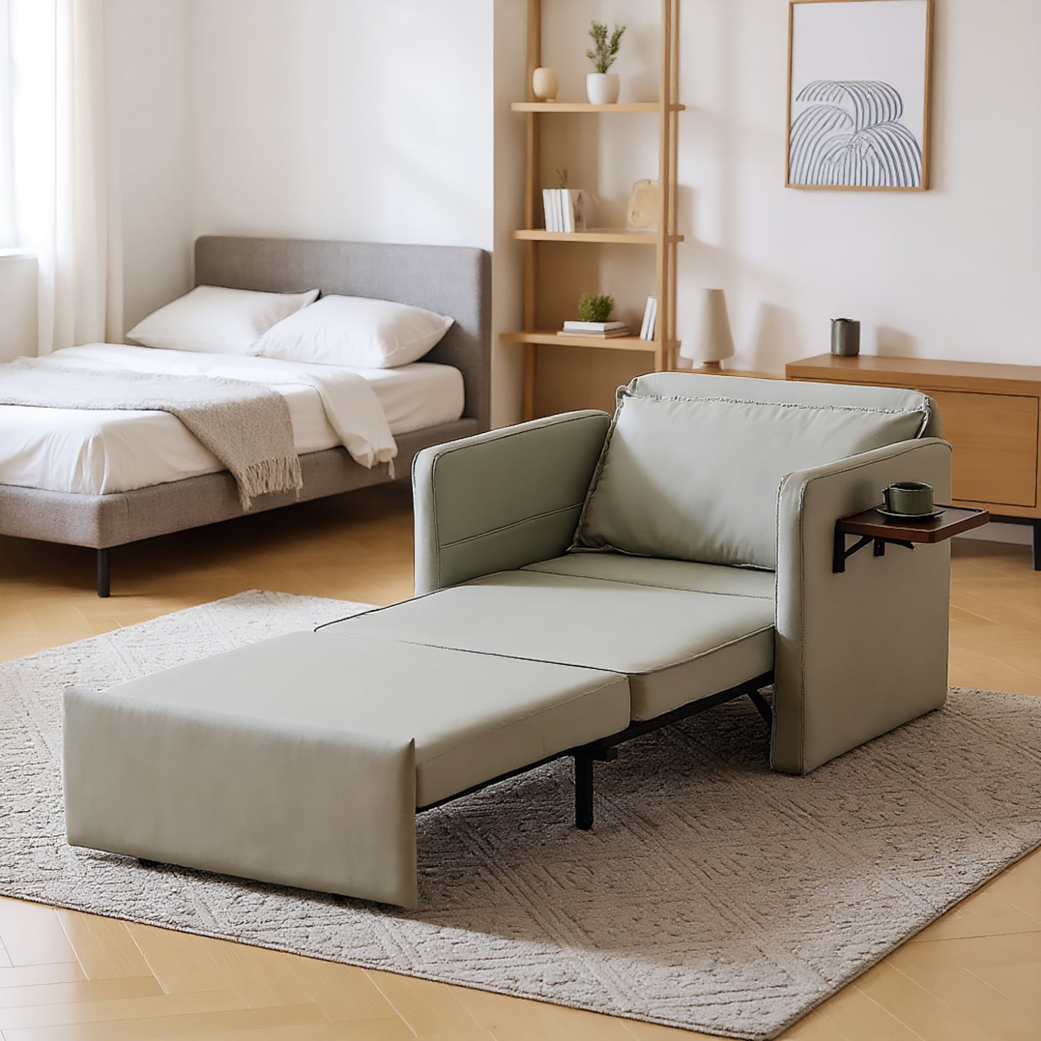 Resenkos 3-in-1 Convertible Sleeper Chair Bed with USB/Type-C Tray, Leather, Light Grey