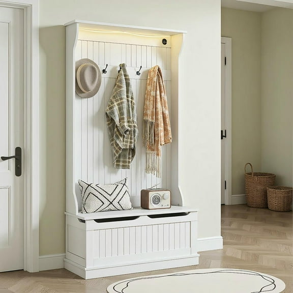 Resenkos 3-In-1 Entryway Bench with LED Lights & Coat Rack - Hall Tree, Shoe Storage & 5 Hooks, for Hallway, White