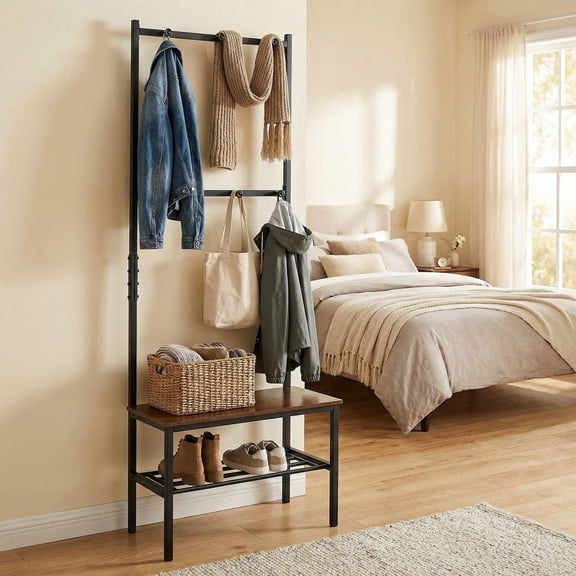 Resenkos 3-in-1 Freestanding Bench with Hooks, Multi-use Storage Organizer with Shoe Storage for Mudroom, Hallway, Entryway, Rustic Brown and Black