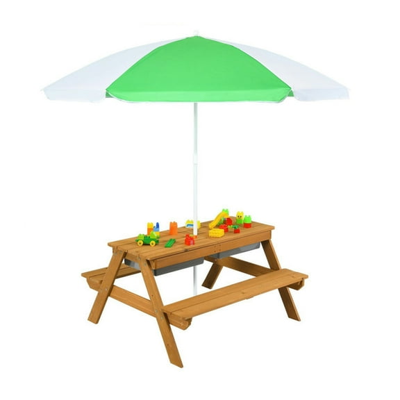 Resenkos 3-in-1 Kids Outdoor Picnic Water Sand Table with Umbrella Play Boxes-Green, Small Folding Table for Arts & Crafts, Snack Time, Homeschooling, Homework
