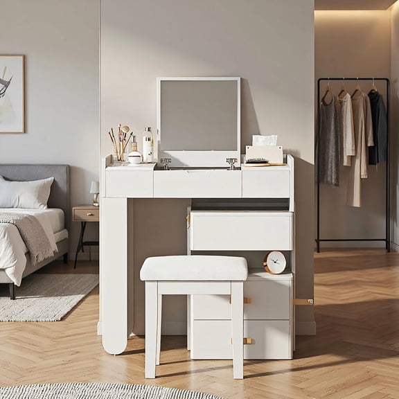 Resenkos 3-in-1 Makeup Vanity Desk with Flip-Top Mirror, LED Lighting, Stylish Multi-Functional Dressing Table for Home, White