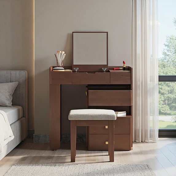 Resenkos 3-in-1 Makeup Vanity Desk with Flip-Top Mirror & LED Lighting, Stylish Multi-Functional Dressing Table - Brown