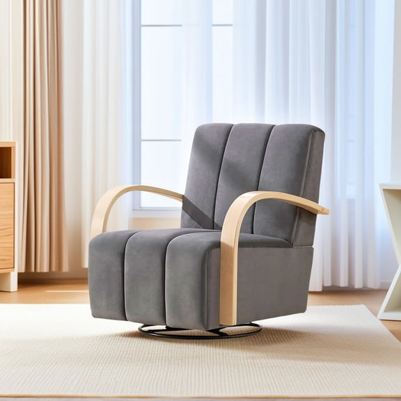 Resenkos 30.3"W Upholstered 360° Swivel Accent Chair, Solid Wood Armrests, Comfy Channel Tufted Lounge Reading Chair, Single Sofa Armchair, Charcoal