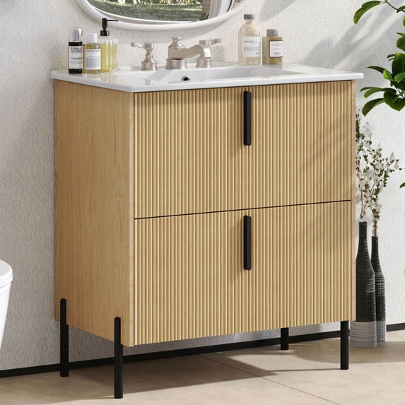 Resenkos 30" Bathroom Vanity with Ceramic Sink, Full-Extension Drawers, Soft Close Undermount Slides, Fluted Design - Brown