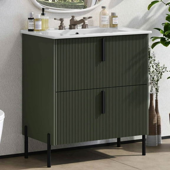 Resenkos 30" Bathroom Vanity with Ceramic Sink, Full-Extension Drawers, Soft Close Undermount Slides, Fluted Design - Green