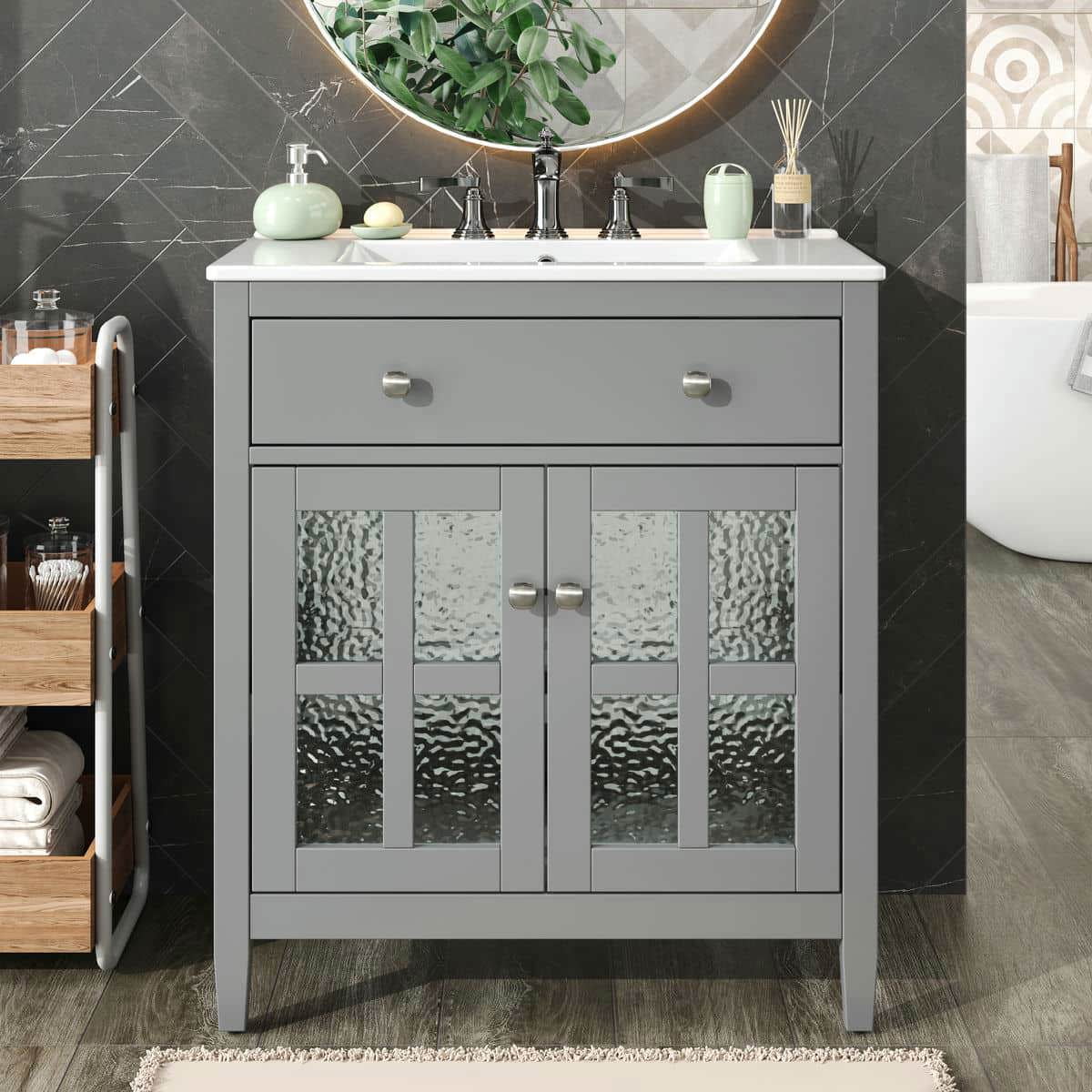 Resenkos 30" Bathroom Vanity with Ceramic Sink, Solid Wood Legs, Adjustable Shelf, Tip-Out Tray, Silver Metal Knobs, Soft Close Hinges - Gray