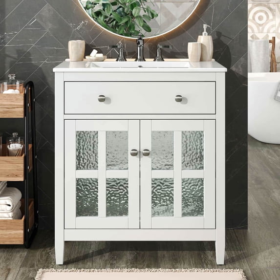 Resenkos 30" Bathroom Vanity with Ceramic Sink, Solid Wood Legs, Adjustable Shelf, Tip-Out Tray, Silver Metal Knobs, Soft Close Hinges - White