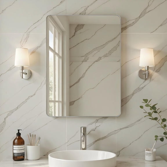 Resenkose 30x22 Inch Vertical Rectangle Wall Mirror with Rounded Corners and Silver Frame - Silver